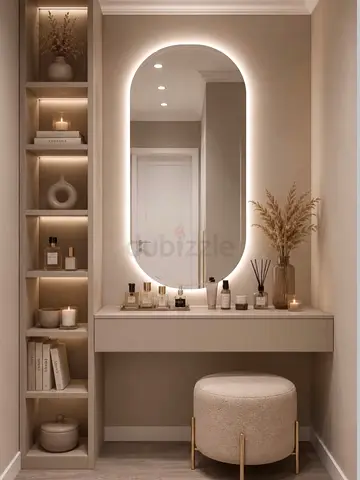 Compact Vanity Table with LED Mirror and Round Stool - Beige