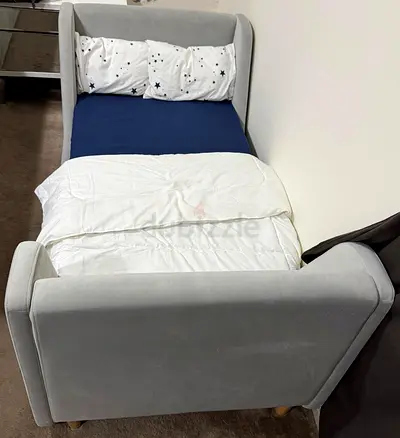 Single upholstered bed with mattress - light grey, good condition