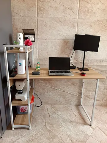Compact wooden study desk with side shelving - light oak - Free delivery (Al Rahba)