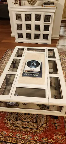 White Glass Display Cabinen/ Archetics ffee Table - Solid Wood, Very Good Condition, It has wheels.