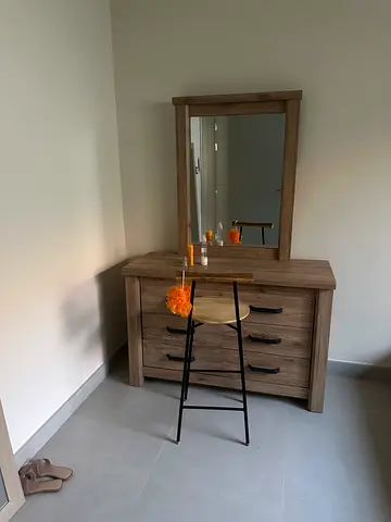 Bed and Wooden dresser with mirror and stool - good condition