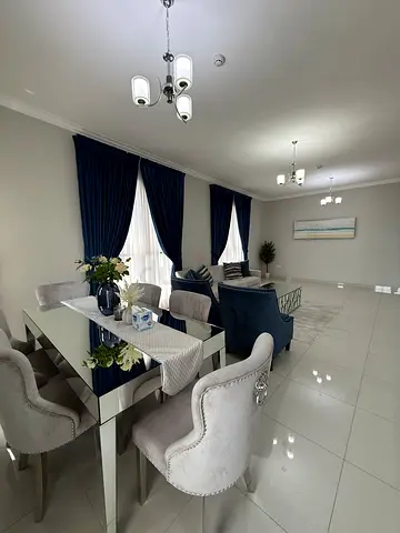 Modern velvet dining chairs and glass table set - 6 pieces, good condition