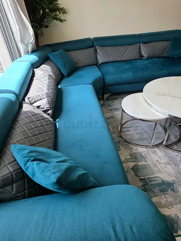 Large Teal Fabric Corner Sofa — Good Condition with carpet