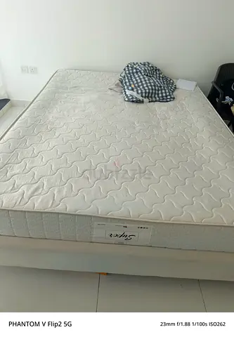 Queen mattress with upholstered bed base - good condition