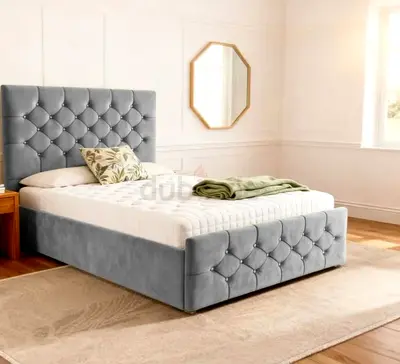 Grey Queen Upholstered Bed Frame with Tufted Headboard and Footboard