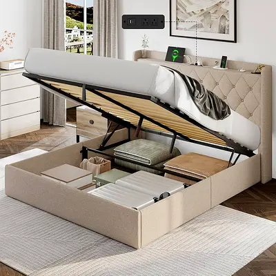 Queen Size Hydraulic Storage Bed + Medical Mattress | Like New |