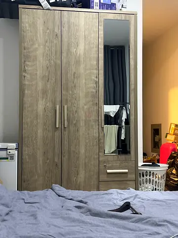 3-door wardrobe with mirror - light wood finish, good condition