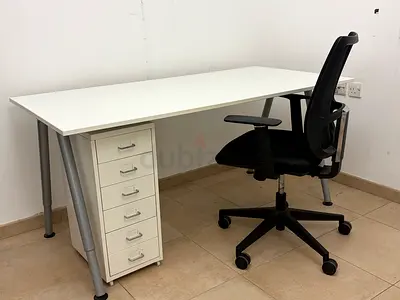 Ikea Office Desk with 6-Drawer Pedestal and Ergonomic Chair