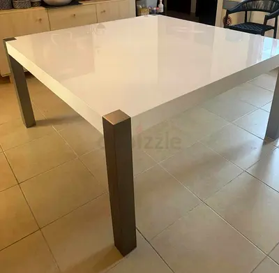 White High-Gloss Dining Table with Metal Legs - 8 Seater