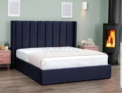 Modern Upholstered Bed with Navy Blue Wingback Headboard