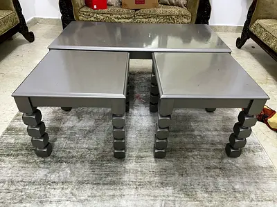 Set of 3 Grey Wooden Coffee  Side Tables with Sculpted Legs