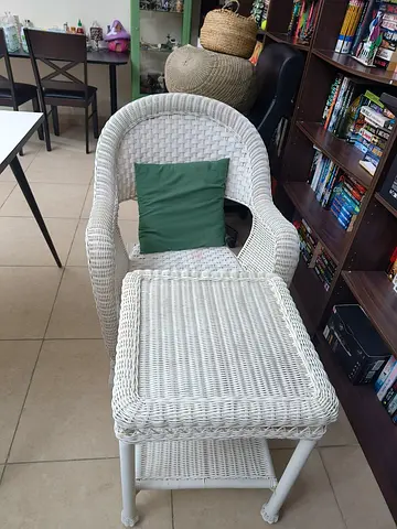 White Rattan Armchair with Matching Side Table - Good Condition