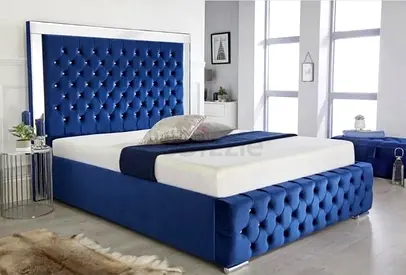 Blue Velvet Tufted King Bed with Upholstered Headboard and Footboard