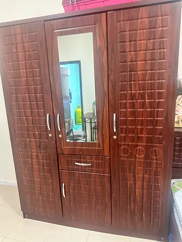 3-Door Wooden Wardrobe with Mirror — Good Condition