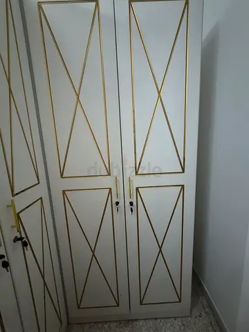 Modern White and Gold Double Door Wardrobe with Locks