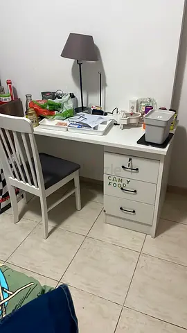 White wooden desk with 3-drawer pedestal and matching chair