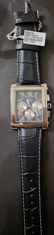 Mens rectangular chronograph wristwatch with black leather strap