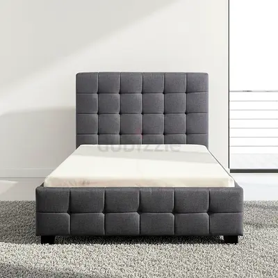 Grey Fabric Upholstered Double Bed with Padded Headboard