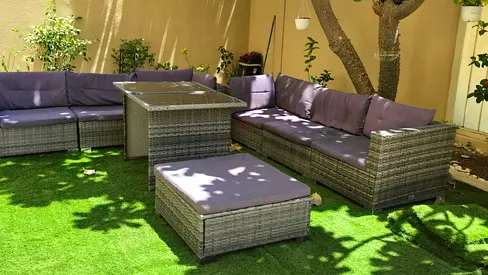Outdoor rattan garden sofa set with cushions and ottoman - 6-piece