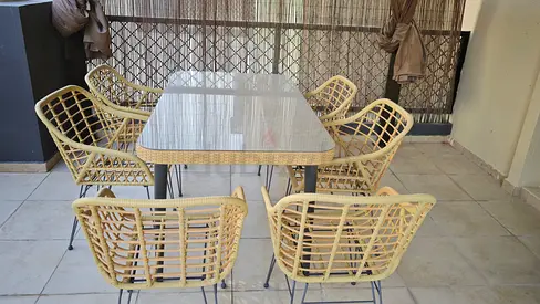 Outdoor Rattan-Style Dining Table with 6 Matching Chairs