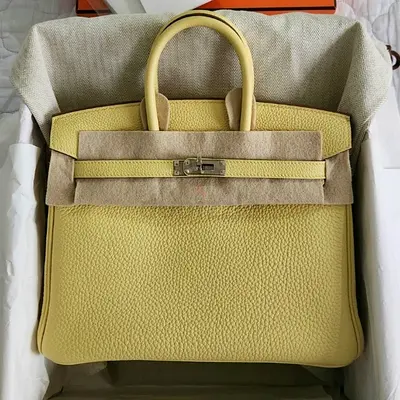 Hermes Birkin 25 Togo Jaune Poussin Palladium Hardware Pale Yellow Bag