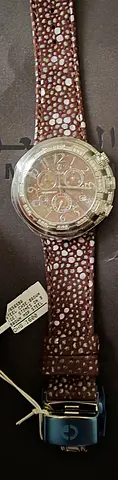 womens chronograph wristwatch with brown patterned leather strap