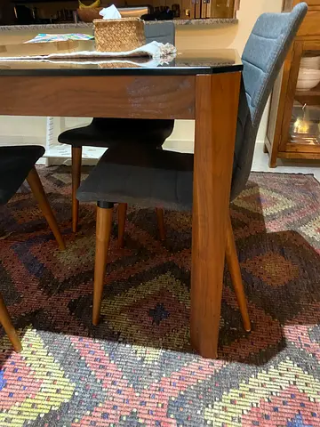 Solid Wood Dining Table with 4 Upholstered Chairs - Midcentury Style