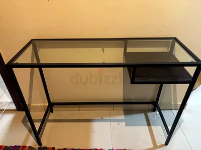Glass Top Writing Desk with Side Shelf - Black Metal Frame