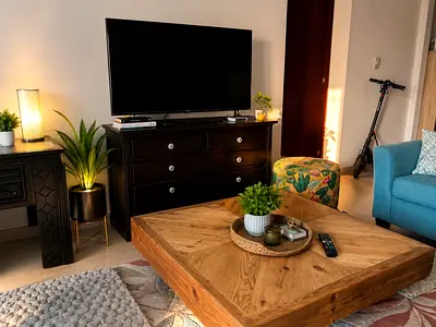 Solid Wood TV Table - Rustic Chunky Design Black teakwood with ceramic handles and antique poece