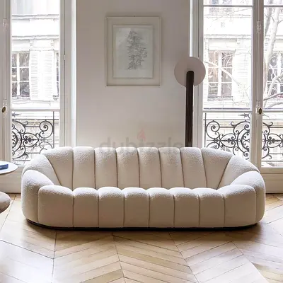 Curved Cream Bouclé 3-Seater Sofa — Modern Shell Design