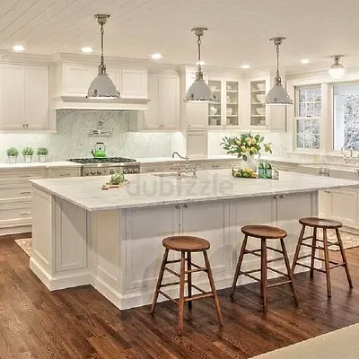 Large White Kitchen Island with Marble Top and storage