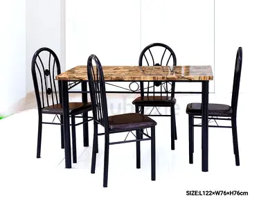 Dining table set with 4 chairs – wood top, black metal frame (L122 x W76 x H76cm)