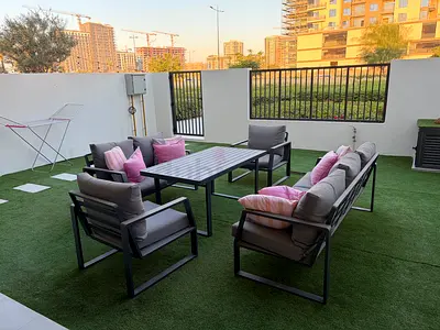 Outdoor 7-Seater Patio Sofa Set with Cushions and Dining Table