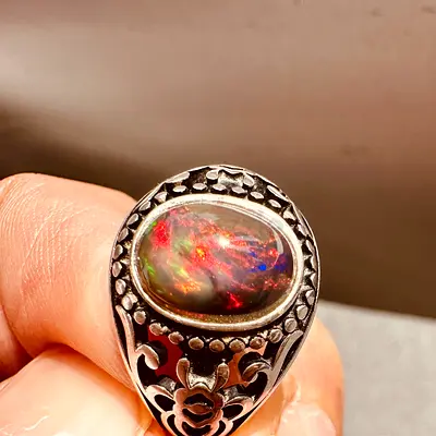 Natural Black Opal Full Fire Silver Ring