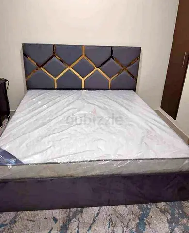 Queen Bed Frame with Headboard and Mattress - Gray Upholstery