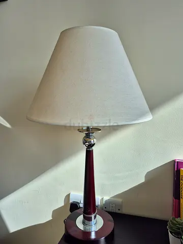 Wooden Table Lamp with Cream Fabric Shade - Good Condition