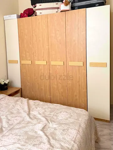 6-door Wooden Wardrobe with White Side Panels - Good Condition