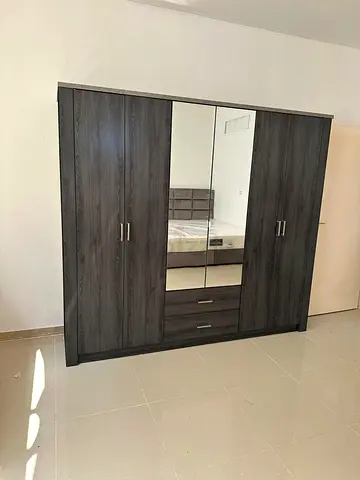 Large 6-Door Wardrobe with Mirror and Drawers - Dark Wood Finish