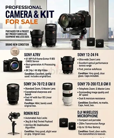 Professional AI enabled Sony A7RV camera + 3 lenses (12-24,24-70, 70-200), Ronin RS3  DJI Mic