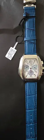 WoMens silver chronograph watch with blue leather strap