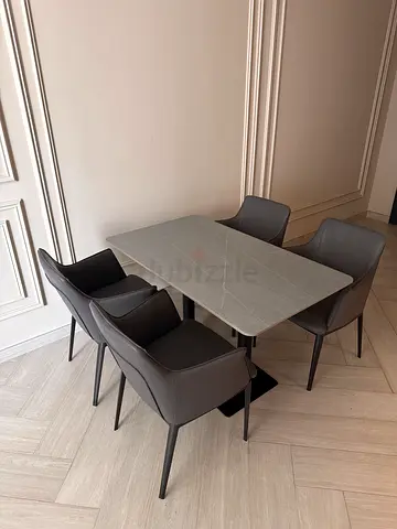 Modern 4-Seater Dining Table with Upholstered Chairs - Light Grey