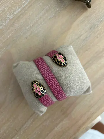 Bulgari Serpenti Pink snakeskin wrap bracelet with enamel snake head clasps,,