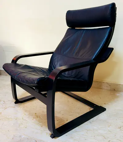 Black Leather Lounge Armchair with Headrest - Scandinavian Style