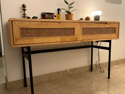 Wooden Console Table with Woven Cane Drawers on Metal Legs