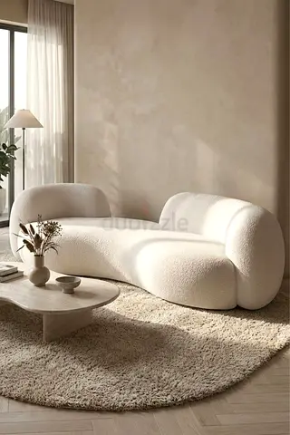 Modern Curved Boucle Sofa - 3 Seater, Cream White