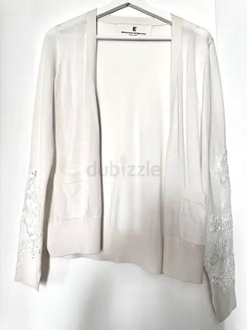 ERMANNO SCERVINO cardigan handmade lace, 100% virgin wool. Italian couture luxury brand.