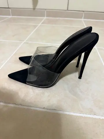 Black Pointed Toe Heels with Transparent Strap