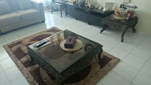 Ornate Carved Wood Glass-Top Coffee Tables with Matching Rug (1 big and 2 small size)