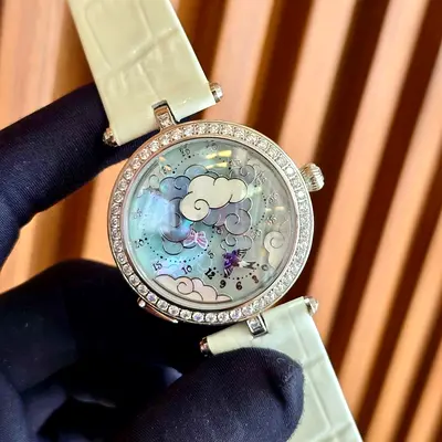 Van cleef Womens Diamond Bezel Mother-of-Pearl Cloud Motif Watch - White Strap