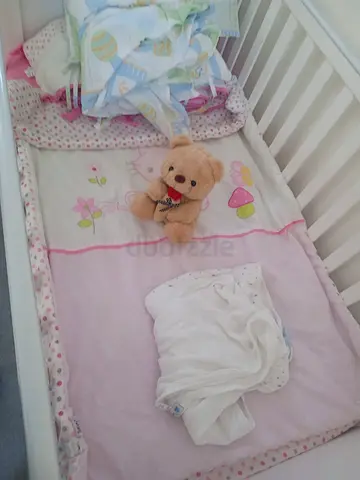 White Baby Cot with Bedding and Soft Toy - Good Condition